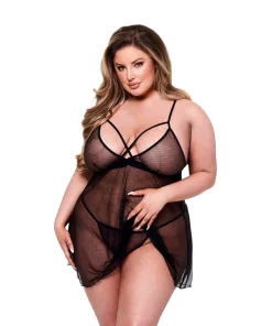 Sexy shop Le Pon Pon 2 Pezzi SET BABYDOLL E PERIZOMA CON SPALLINE IN PIZZO E RETE NERO, QUEEN