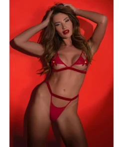 Completo reggiseno e slip con fiocco Peek-a-Boo rosso